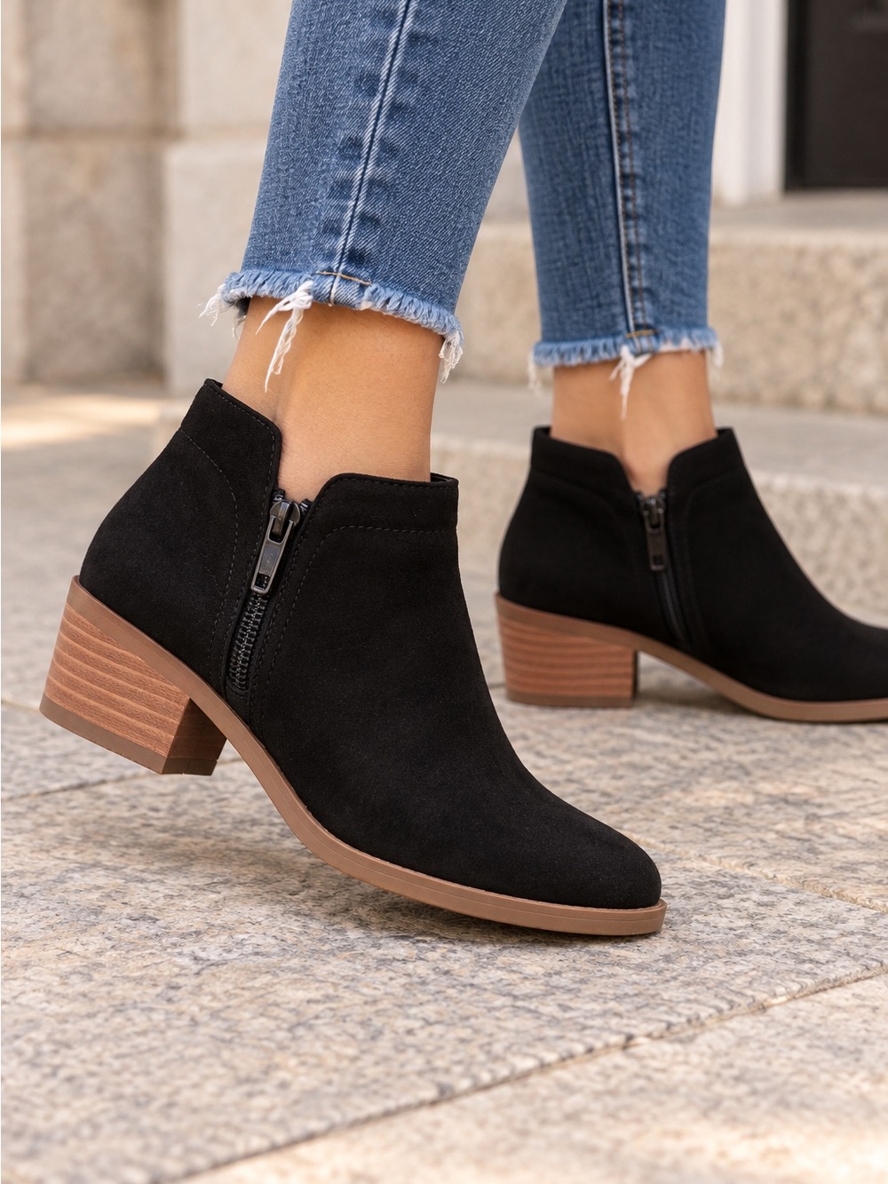 Time and Tru Black Faux Suede Ankle Booties with Stacked Heel